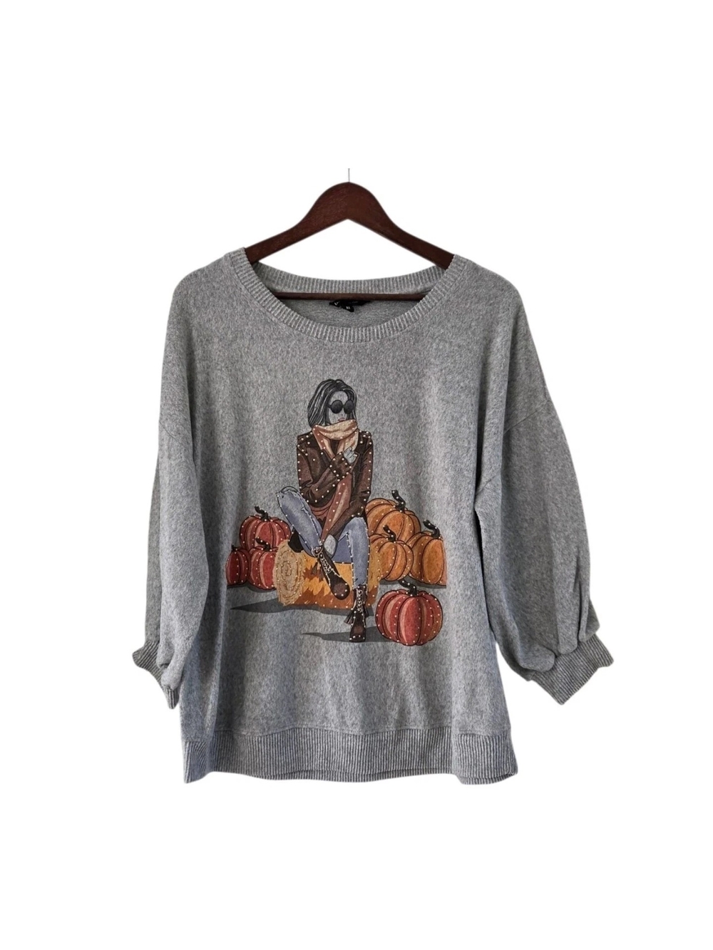 Love & Lace Gray Pumpkin Woman Fall Autumn Sweater Half Sleeve Soft Size XL